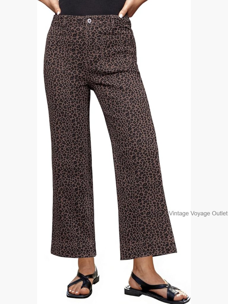 Wide Leg High Waisted Cropped Flare Jeans Stretch Cotton Patches